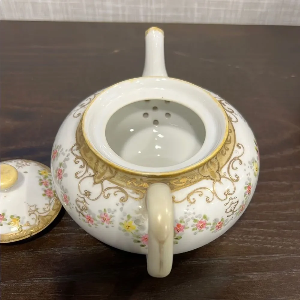 Antique Noritake Nippon Maple Leaf Teapot 1891 Hand Painted Gold Pink Roses